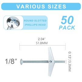 50 Pcs 1/8 Inch Toggle Bolts for Drywall, Heavy Duty Metal Drywall Anchors Kit, Dry Wall Anchors and Screws Kit, Butterfly Anchors for Ceiling, Sheetrock, Hollow Wall
