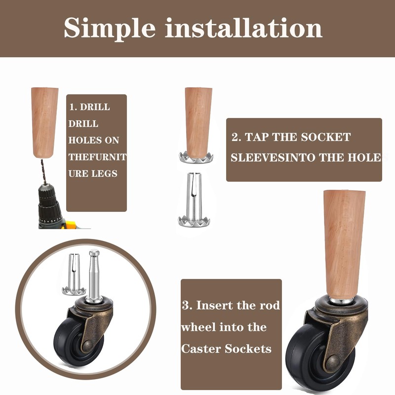 4-Piece Set of Antique Brass Rollers with Rubber Wheels Suitable