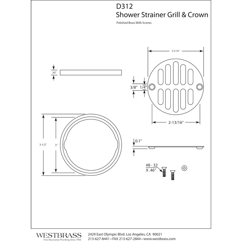 Westbrass Shower Strainer Set with Screws, Grill and Crown, Polished