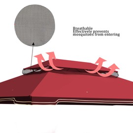 ESPIDOO Gazebo Replacement Canopy: 10x12 Ft Outdoor Double Tiered - Water-Repellent Polyester Top Cover with Mosquito Netting & Drain Holes - for Patio Garden Family Gathering - Red