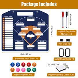 Anglecai Magnetic Baseball Coach Clipboard, Double-Sided Dry Erase Baseball Lineup Board for Softball Dugout Board Baseball Coaching Board with 30 Lineup Card/ 10 Magnet/2 Marker/2 Hook (Blue)