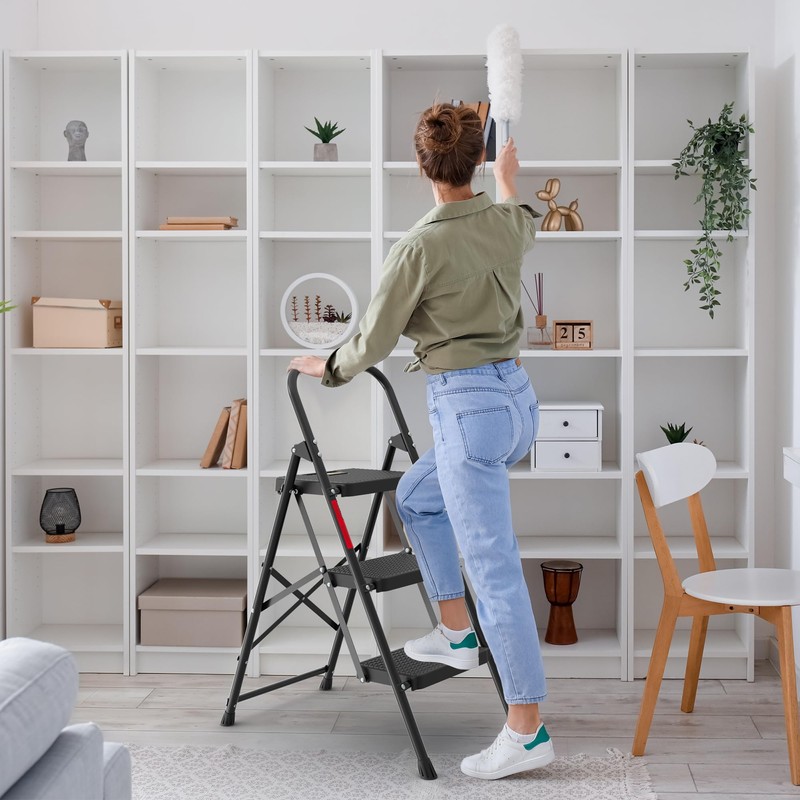 BONTEC 3-Step Ladder, Folding Step Stool, 600lbs Max Load Capacity,