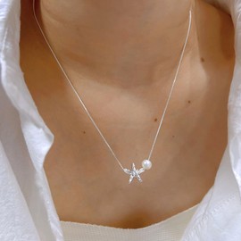 Inateannal Bohemia Starfish Pearl Pendant Necklace Tiny Pearl Chain Necklace Silver Starfish Choker Necklace Vintage Star Pendant Necklace Jewelry for Women