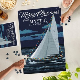 Lantern Press Made in USA Puzzle for Adults - 1000 Pieces, Reference Poster, Premium Box, Mystic, Connecticut, Christmas Lights Sailboat
