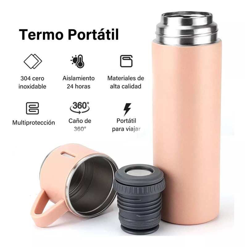 Vaccum Flask Termo 500ml, 3 Tazas, Acero Inoxidable 12 Hras