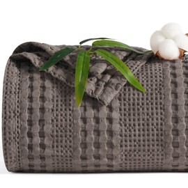 PHF Cooling Waffle Blanket Queen Size, Lightweight 60% Rayon Derived from Bamboo & 40% Cotton Breathable Blanket for Hot Sleepers, Soft and Luxury for Bed Couch and Sofa, 90"x90", Dark Grey