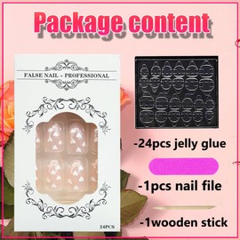 Valentine's Day Heart Press on Nails Glossy White Acrylic Fake Nails 24Pcs Heart False Nails Gel Glue on Nails for Manicure Romantic Heart Stick on Short Oval Nails for Valentines Gifts