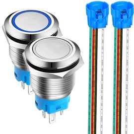 Gebildet 2 Pieces 19 mm Stainless Steel Short-Term Push Buttons 12V-24V 5A LED 1NO1NC SPDT ON Off Waterproof Momentary Push Buttons with Socket Plug (Blue + White LED)