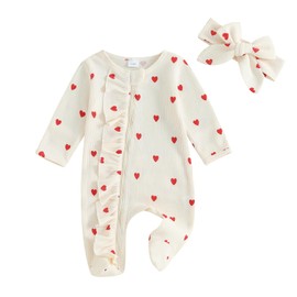 Filgriox My First Valentines Day Baby Girl Outfit Newborn Footie Romper Heart Bodysuit + Headband Infant One Piece Outfit (Beige, 3-6 Months)
