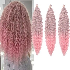 18 inch Ocean Wave Crochet Hair Grey/Light Pink Deep Wave Curly Braiding Hair Extensions 3 packs Long Wavy Water Wave Braid For Women Synthetic Crochet Braids(18 inch, Grey/Light Pink)