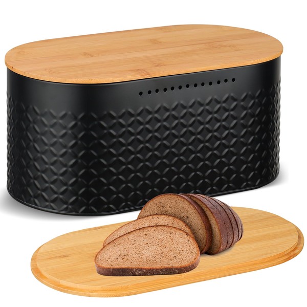 Hossejoy Metal Bread Box with Reversible Bamboo Cutting Lid, Bread