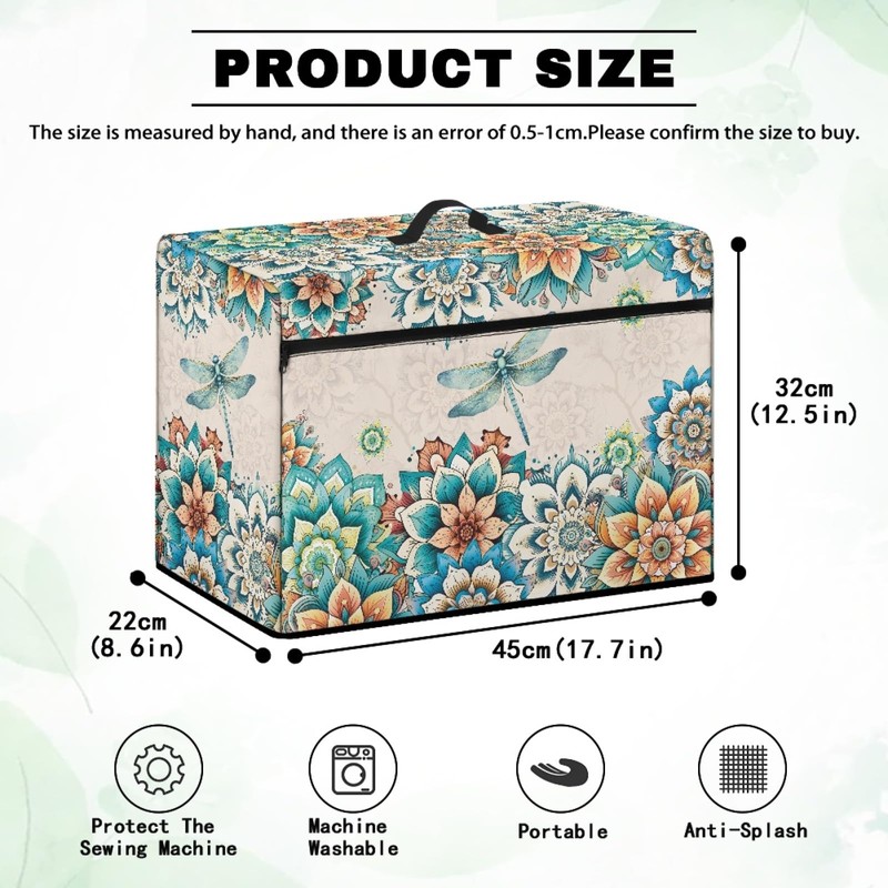 Mumeson Boho Flower Dragonfly Sewing Machine Cover, Portable Dust Protection