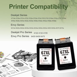 OILLIKE 67XL Black Ink Cartridge Replacement for HP67 HP67XL(Black,2-Pack) Use with DeskJet 1255 2700 4100 Series 4155 2700e 4155e 2755e Envy 6000 6400 4100 Series 6055e 6455e Printer