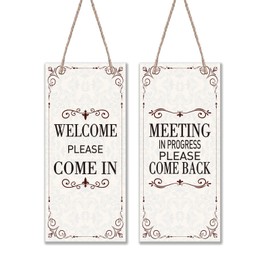 SUPERDANT 1 PCS Welcome and Meeting Wooden Signs Office Wall Decorative Double Sided Plaque Welcome and Meeting In Progress Wall-mounted Hanging Wood Signs Wall Art Decor for Office Door Decor