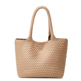 Woven Tote Bag Womens Purse: Vegan Leather Shoulder Handbags - Fashion Summer Beach Tote Bags - Large Travel Totes Handwoven Satchel for Holidays (Khaki Color)