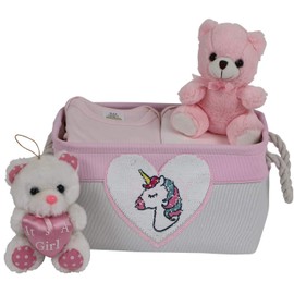 Storage Basket for Nursery Organizer, Baby Girl Canvas Fabric Bin, Storage Box with Reversible Sequence Heart Patch. Great Baby Shower Basket Gift