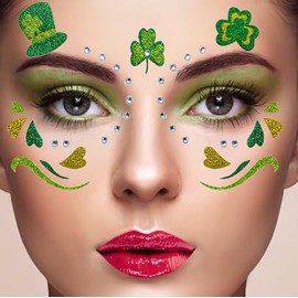 CGVG St Patricks Day Temporary Tattoos Glitter Clover Tattoo Face St Patricks Day Accessories Irish Party Decoration Green Party Face Art Stickers