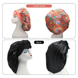 Hanbertti 2 Pack sleep bonnet adjustable satin cap silk bonnets for sleeping hair keep dry women reusable long layers sumptuous night frizzy curly（black+orange)