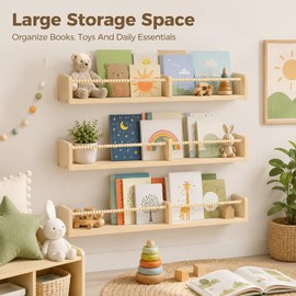 NIMBLOOM 3PCS Nursery Book Shelves for Kids Rooms - 32 Inches Floating Wall Bookshelves, Space-Saving Nursery Shelves with Beads Design Ideal for Bedroom, Living Room and Study Room