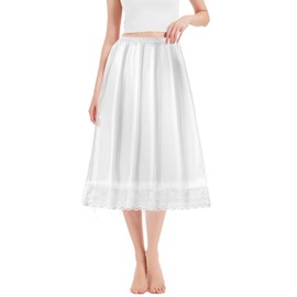 SENLINLIN Women's Satin Half Slips, Lace Long Underskirt, Soft Elastic Waist Long Skirt Petticoat, White Lace Waist Slips for Under Dresses, Ladies Underdress