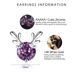 Christmas Earrings for Women Girls, Silver Christmas Elk Deer Stud Earrings with Purple Cubic Zirconia, Christmas Xmas Presents Jewellery Xmas Earrings | Christmas Earrings Gifts