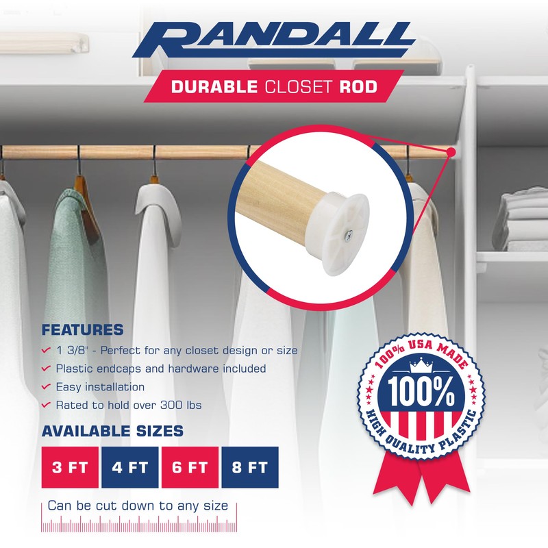 Closet Pole with Wood Construction and Plastic Brackets, 1 3/8"