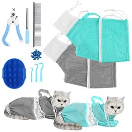 JULMELON Cat Washing Bag 10 PCS Set, Adjustable Cat Shower Net Bag and Pet Grooming Brush with Nail Clipper Nail File Hair Combs Tick Tool Nail Caps for Bathing Nail Trimming Examination