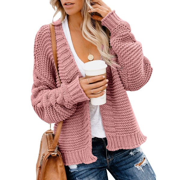 Dokotoo Cardigan Sweaters for Women Open Front Long Sleeve Cable Knit Chunky Cozy Ribbed 2023 Winter Sweater Oversized Fashion Loose Cardigans Coats Outerwear Medium Pink