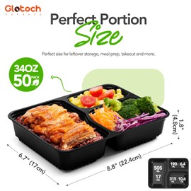 Glotoch 50 Pack 34oz Meal Prep Containers Reusable with Lids 3-Compartment Containers Microwave, Freezer, Dishwasher Safe - Leakproof Food Storage Containers Durable To Go Take Out Plastic Containers