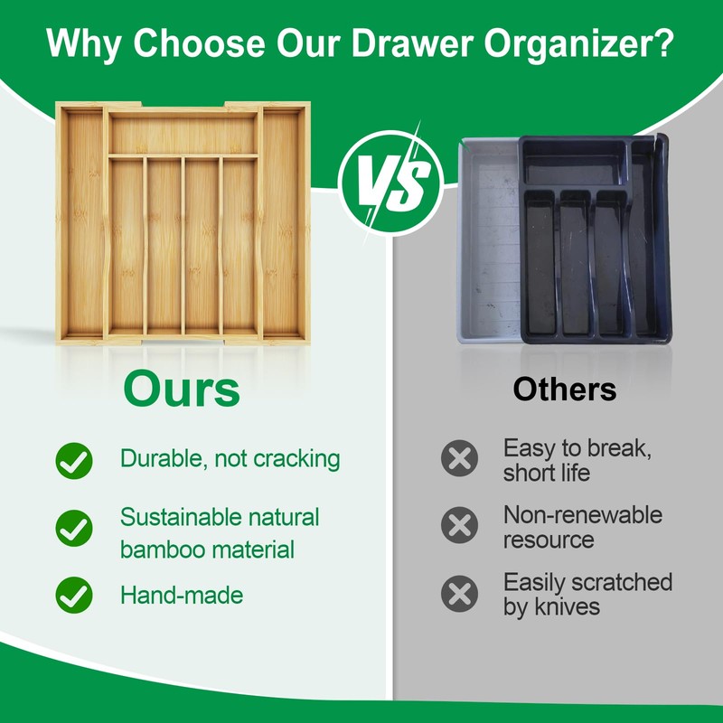 BAMBUROBA Bamboo Kitchen Drawer Organizer,Expandable Silverware Organizer,2 Pack Utensil Holder