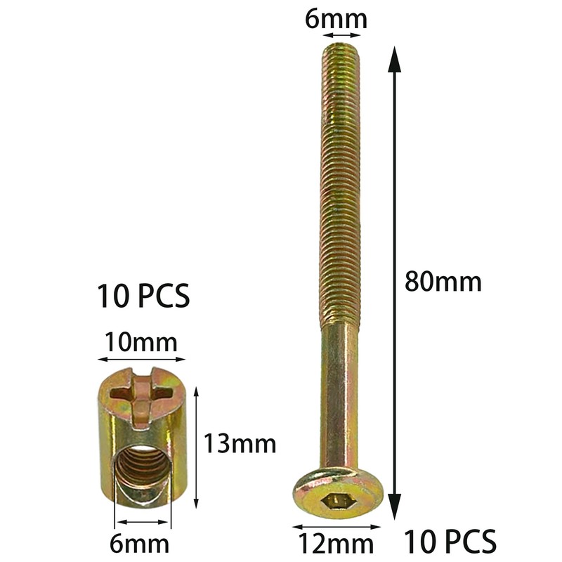 10-Set M6 Furniture Bolt and Nut Kit, Hex Socket Bed