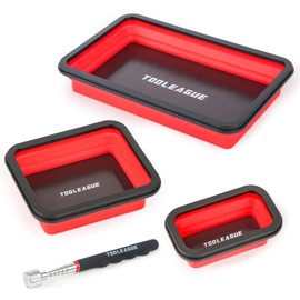TOOLEAGUE 3Pcs Collapsible Magnetic Parts Tray Set with 15Lb Magnetic Pickup Pen,3 Different Size Silicone Foldable Tool for Organizing Screw Bolts Nuts Washers Pins and Other Small Metal Parts