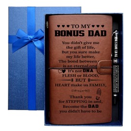Bonus Dad Leather Journal, Engraved Gift Pen, Roller Ballpen, Bonus Dad Stepdad Best Dad Ever Gifts, Leather Notebook and Pen Gift for Dad, 160 Pages Notebook, Fathers Day Birthday Christmas Gift-E8