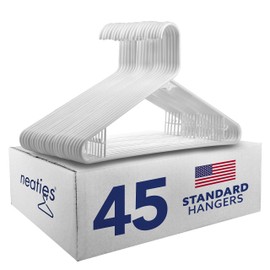 Neaties Clothes White Plastic Hangers Made in USA with Bar Hooks, Standard Plastic Hangers for Pants, Shirts, or Dress, 45pk