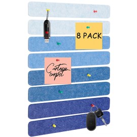 8 Pcs Felt Pin Board Bar Strips Bulletin Board for Bedrooms Offices Home Wall Decoration, Notice Board Self Adhesive Cork Board with 50 Push Pins for Paste Notes, Photos, Schedules (Multi-Blue)