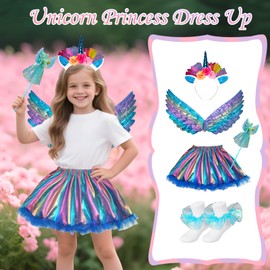 WBZOTSS Girls Unicorn Princess Dress Up Set, 5 Pieces, Tutu Skirt with Wings, Wand, Headband, Socks (Color C, 5-8 years old)