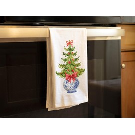 Bijouland Chinoiserie Christmas Tree Towel - 2 Pack, Blue and White Kitchen Decor, Holiday Hand Towel, Chinoiserie Christmas Decor Tea Towels - 100% Certified Organic Cotton Flour Sack Towel (2 Pack)