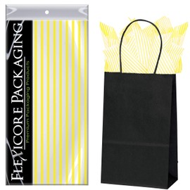 Flexicore Packaging Black Kraft Paper Gift Bags & Yellow Gift Wrap Tissue Paper | Size: 5.25 Inch X 3.25 Inch X 8.25 Inch | Count: 5 Bags | Color: Yellow Pin Stripe