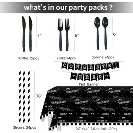 HIPEEWO 146 Pcs Graduation Party Supplies 2025 Tableware - Graduation Decorations Dinnerware Set Includes Banner,Tablecloth, Cutlery,Plates, Napkins, Cups, Straws, Congrats Grad Party Supplies