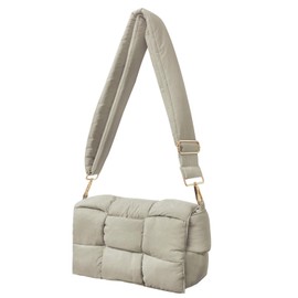 Women's shoulder bag puffer cassette purse hand woven down fabric cotton padded handbag (Camel Grey)