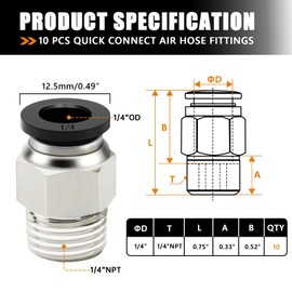 mankk 10PCS 1/4 Push to Connect Fittings Male Straight Pneumatic Tube Fitting 1/4"Tube OD x 1/4"NPT Thread Air Hose Quick Connect Fittings