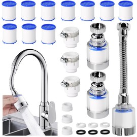 Huucozn Pack of 3 Water Filter Tap 360° Tap Filter with 10 Pieces PP Cotton Filter Element Tap Filter, 3 Universal Connections, 3 Replacement Threads, 6 Gaskets for Sink, Kitchen, Bathroom
