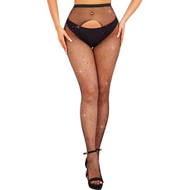 Fohevers Womens Sparkly Fishnet Tights Diamond Fishnet Stockings Glitter Rhinestone Fishnet Stockings Tight with Coloured Diamonds, Black