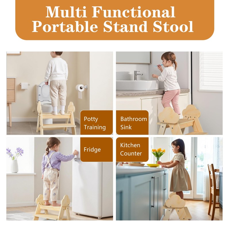 TinyHaven Wooden Toddler Step Stool, 2-Step Foldable Stool for Kids
