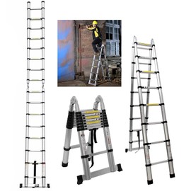 Telescopic Ladders A-Frame Ladder 5m(2.5m+2.5m) Extension Ladders with One Button Retraction Heavy Duty Extension Ladder Household Ladder Non Slip Feet Multi-Purpose Ladder