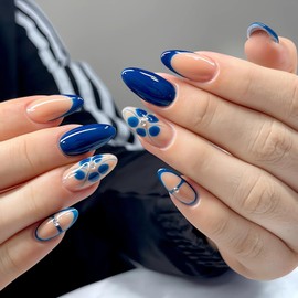 Blue Press on Nails Medium Fake Nails, LPOODDNU French Tip Press on Nails Almond Shape False Nails with Floral Designs Glossy Stick on Nails Cute Glue on Nails for Women Girls Manicure Decorations