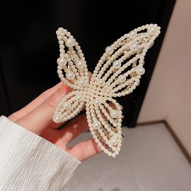 Butterfly Rhinestone Pearl Hair Clips, 2 Pack Sparkling Crystal Large Metal Hair Jaw for Thick Curly Hair Non Slip Hair Clamps Glitter Hair Catch Barrette Hold Hair Accessories for Women, Lady, Girls