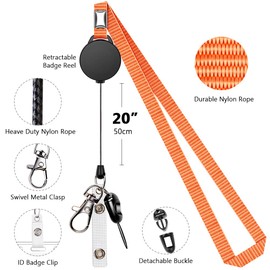 6 Pack Retractable Badge Lanyards and ID Badge Holder, Strap Lanyard with Swivel Metal Clasp for Badge Holders, Keychains, Offices, Staff, Students, Employees, Orange