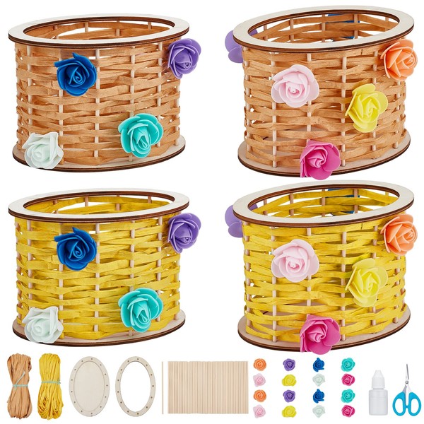 WEBEEDY 4 Pcs Basket Weaving Kits Wooden Rattan Basket Making Kit for Beginners Raffia Crafts Projects