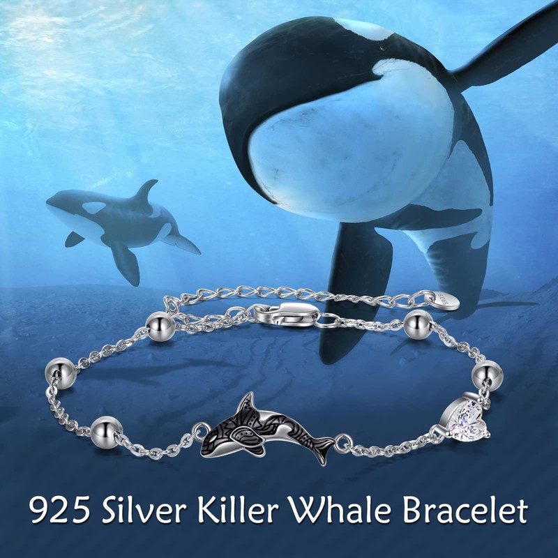 POPLYKE Sterling Silver Killer Whale Orca Beaded Adjustable Bracelets Jewellery